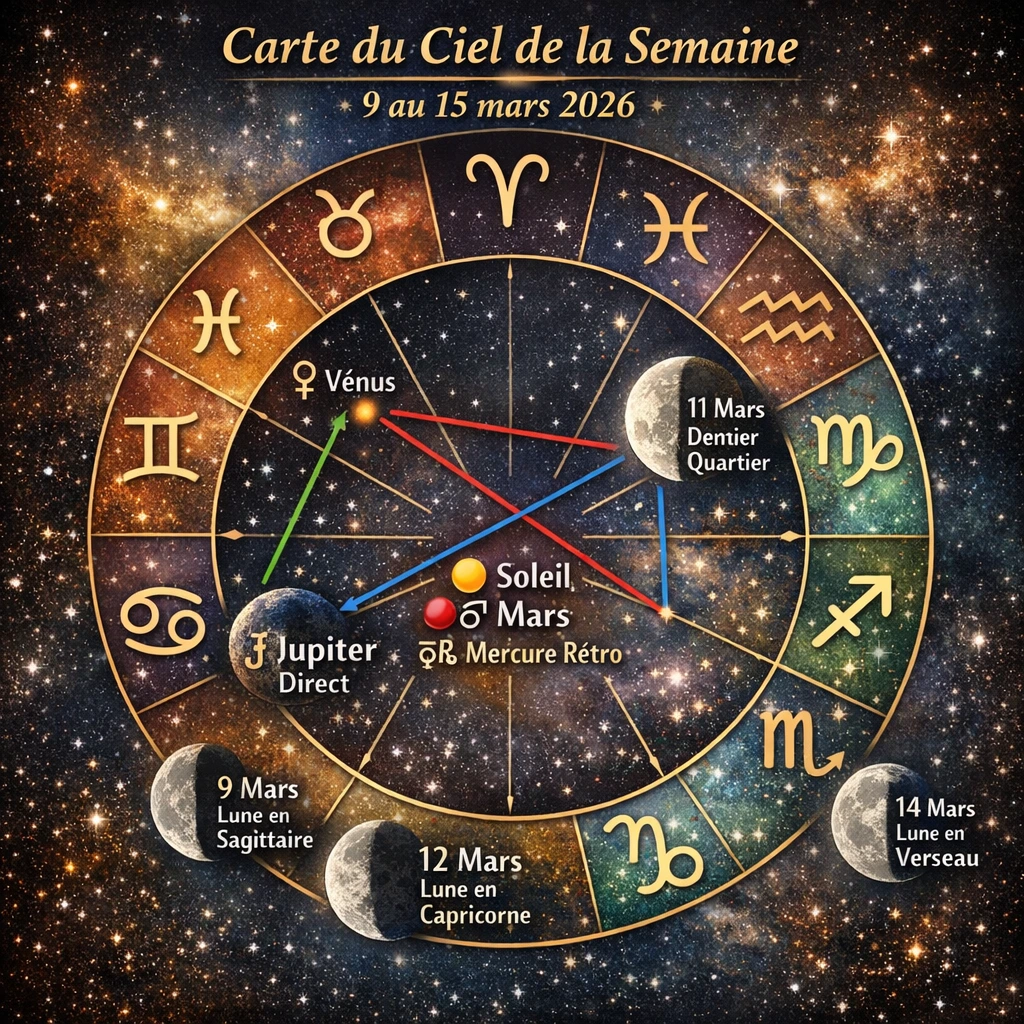 Carte du ciel astrologique de la semaine du 9 au 15 mars 2026 avec les positions des planètes dans les signes du zodiaque : Soleil, Mars et Mercure rétrograde en Poissons, Vénus en Bélier, Jupiter direct en Cancer et les mouvements de la Lune entre Sagittaire, Capricorne et Verseau dans le ciel astral.