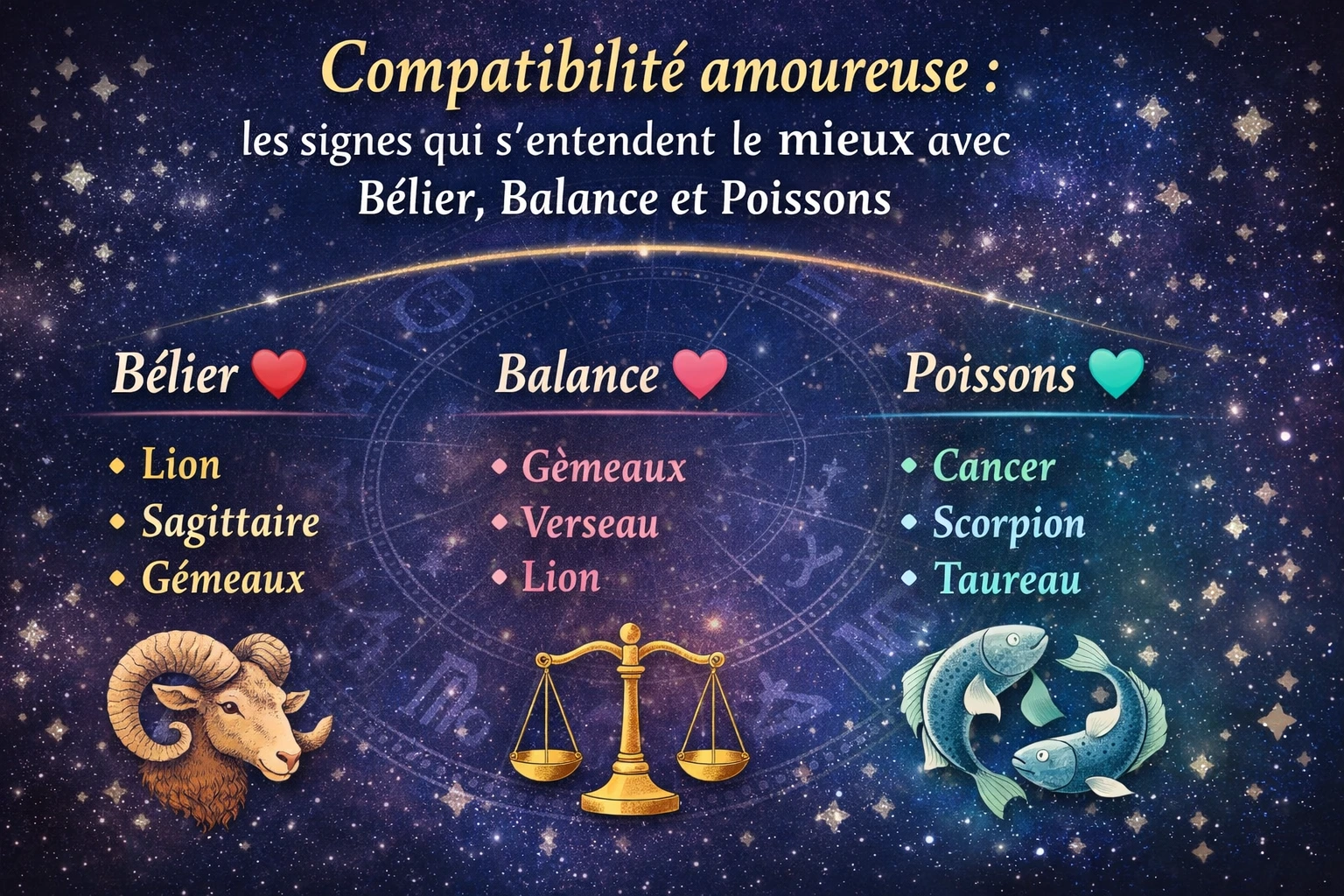 compatibilité amoureuse signes astrologiques bélier balance poissons horoscope amour mars 2026