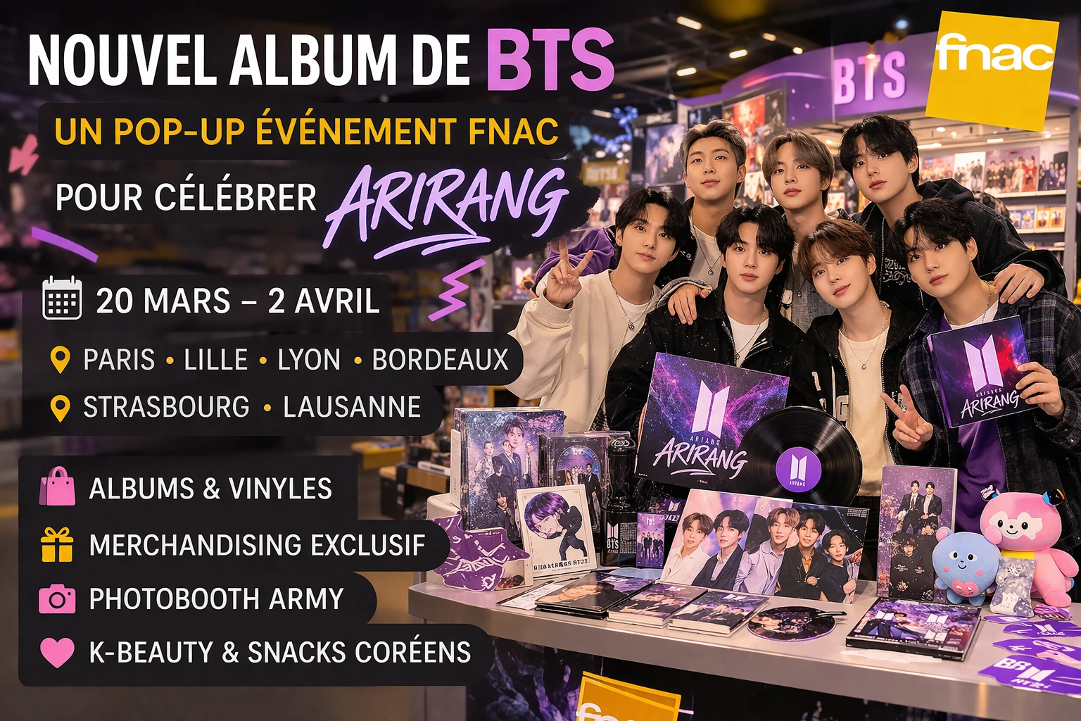 Nouvel album de BTS ARIRANG : pop-up événement Fnac pour les fans ARMY avec albums, merchandising K-pop et culture coréenne en France.