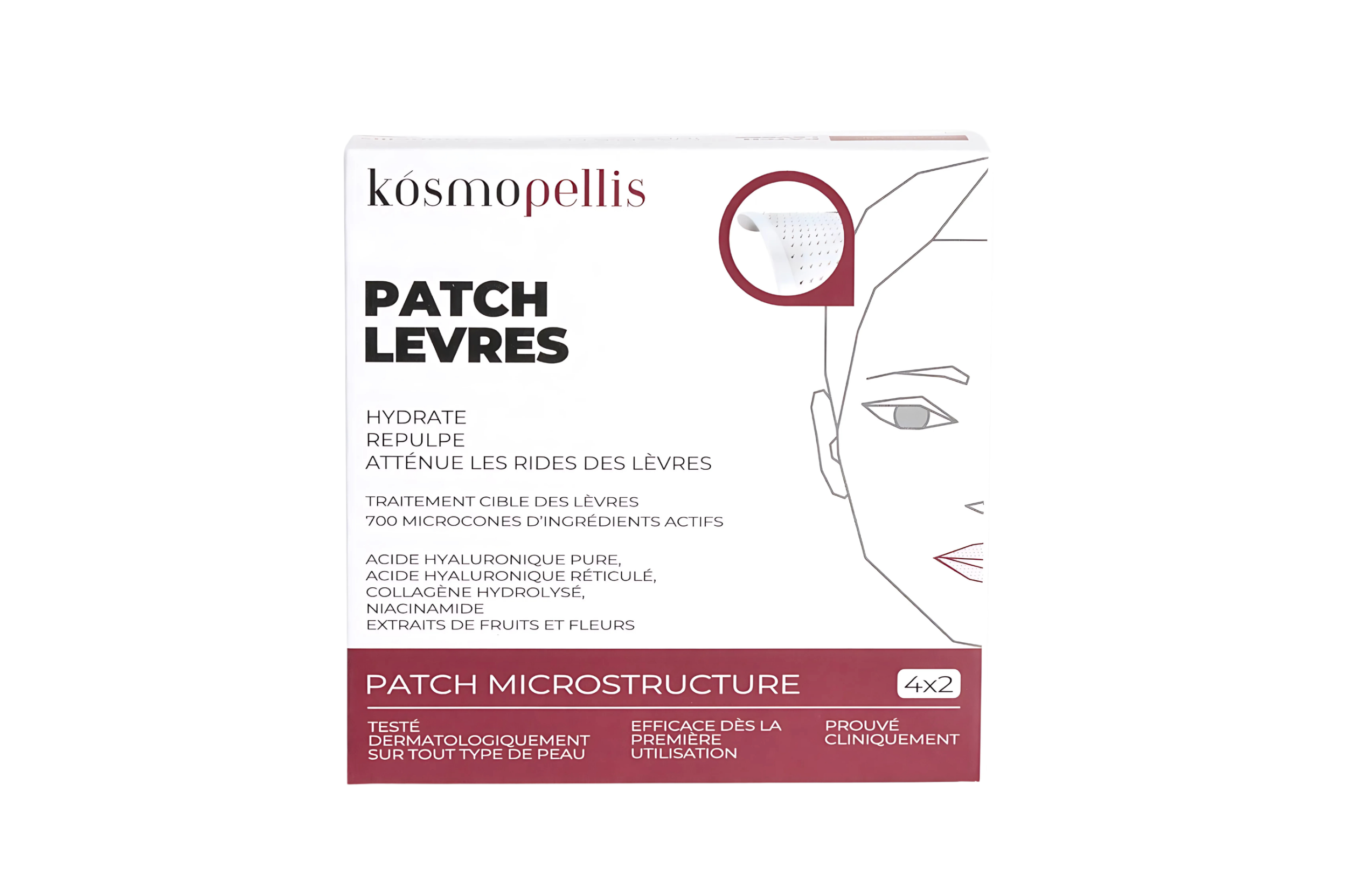 Patch lèvres Kosmopellis enrichi en acide hyaluronique et collagène pour hydrater et repulper.