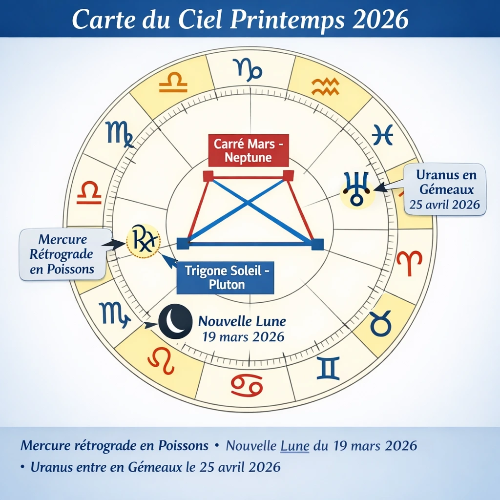 Carte du ciel printemps 2026 : Mercure rétrograde, nouvelle Lune de mars et Uranus en Gémeaux, une configuration astrologique observée par les astrologues dans le contexte d’un possible krach boursier en 2026.
