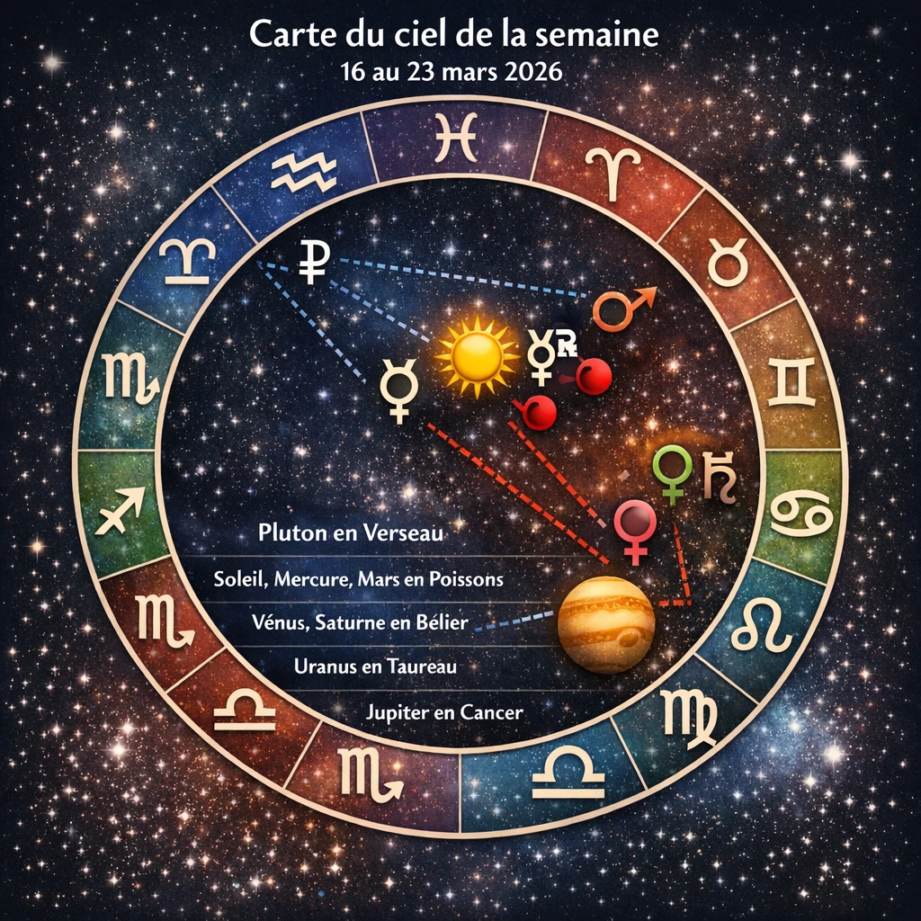 Carte du ciel de la semaine du 16 au 23 mars 2026 avec positions des planètes dans les signes du zodiaque pour l’horoscope astrologique hebdomadaire.