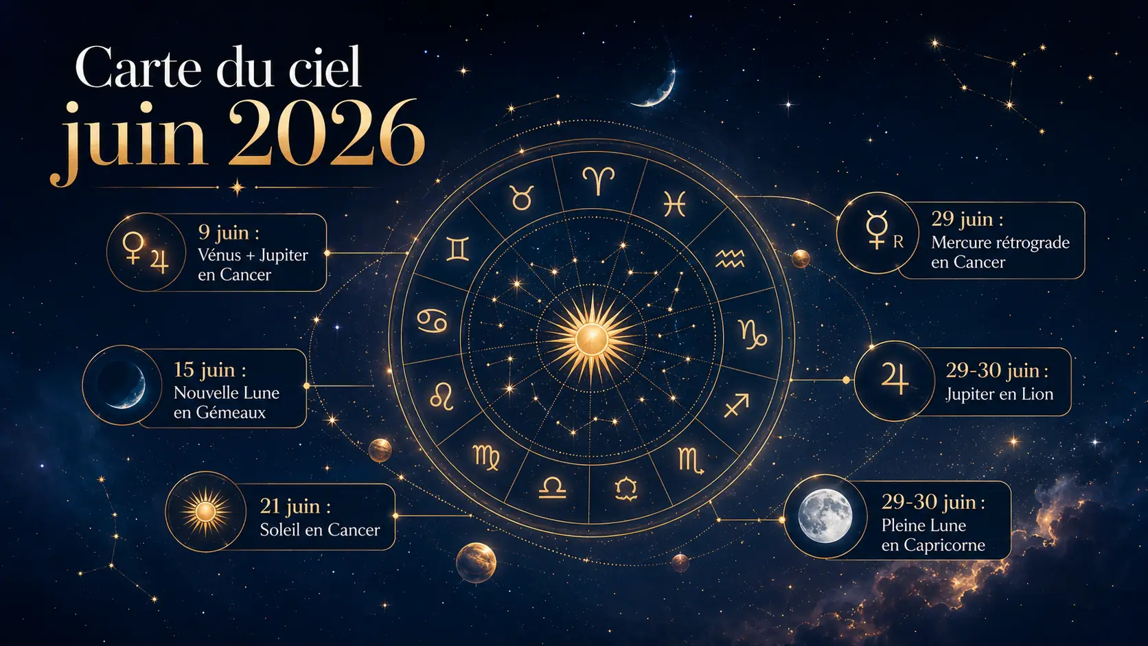 Carte du ciel de l’horoscope juin 2026 avec Vénus Jupiter en Cancer, Mercure rétrograde et Jupiter en Lion