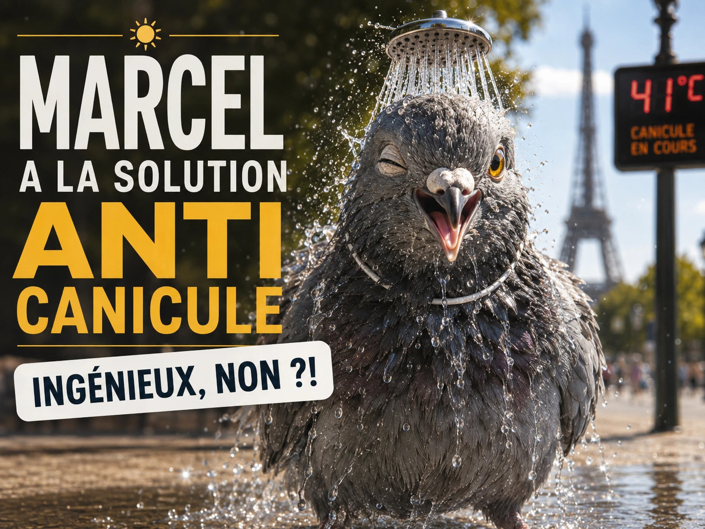 Marcel le pigeon sous un pommeau de douche pour se rafraîchir pendant la canicule à Paris