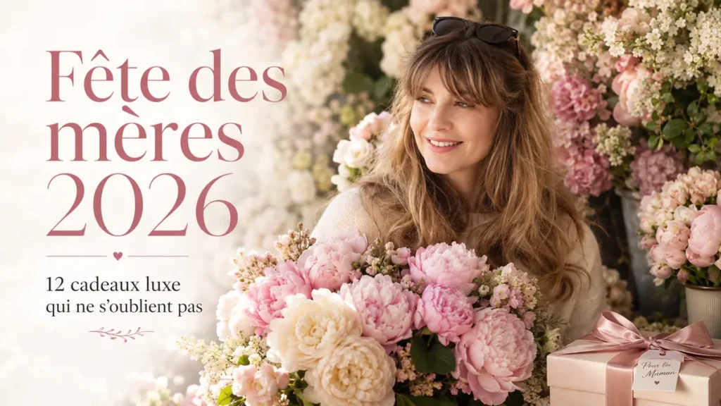 Fête des mères 2026 : maman souriante entourée de pivoines pour une sélection de cadeaux luxe inoubliables