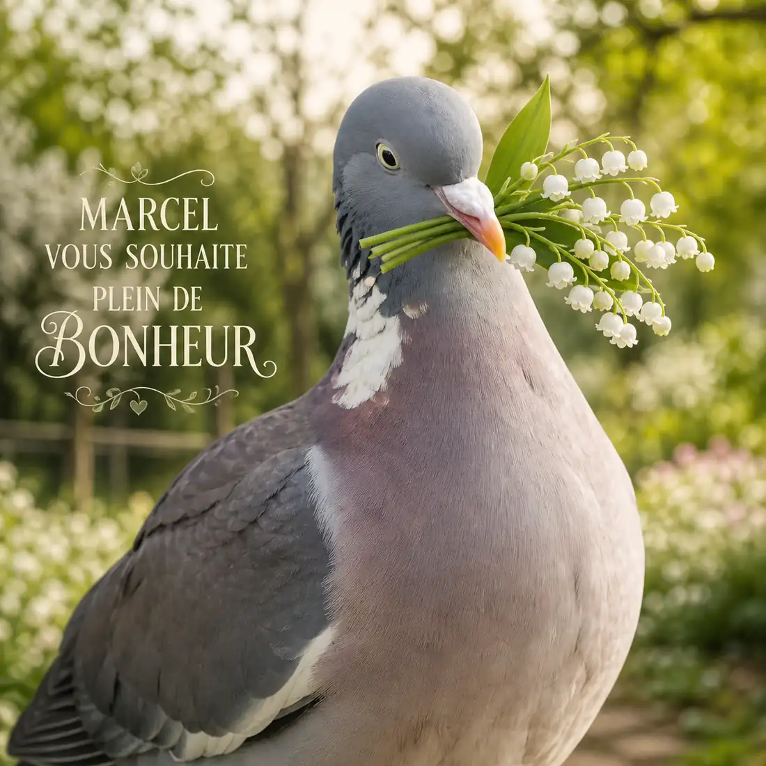 Marcel le pigeon de Santecool avec du muguet dans le bec pour le 1er mai.