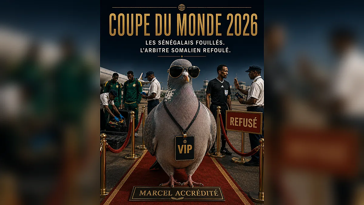 Visuel satirique montrant Marcel accrédité au Mondial 2026 pendant que des Sénégalais sont fouillés et qu’un arbitre somalien est refoulé.