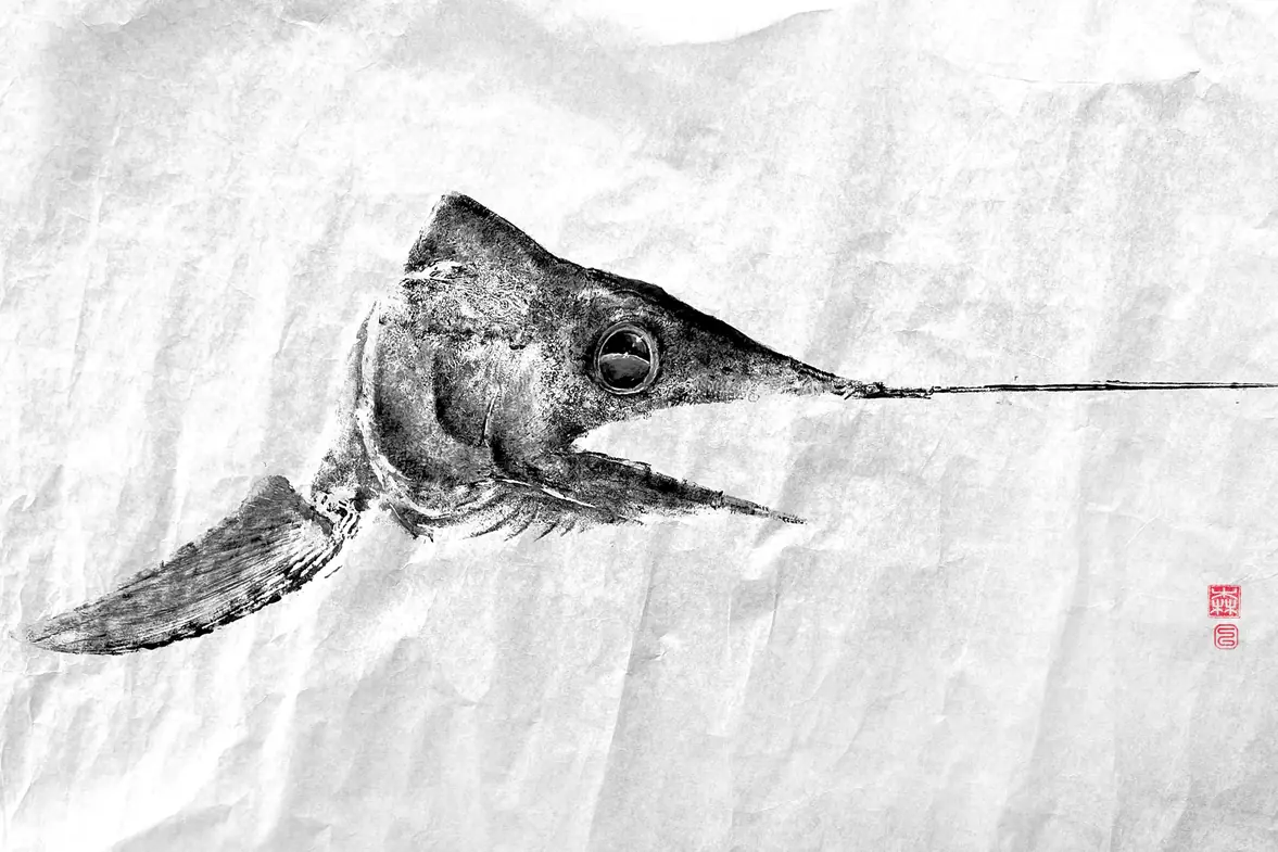 Gyotaku d’espadon réalisé par Darkoï au Grand Pavois La Rochelle 2026