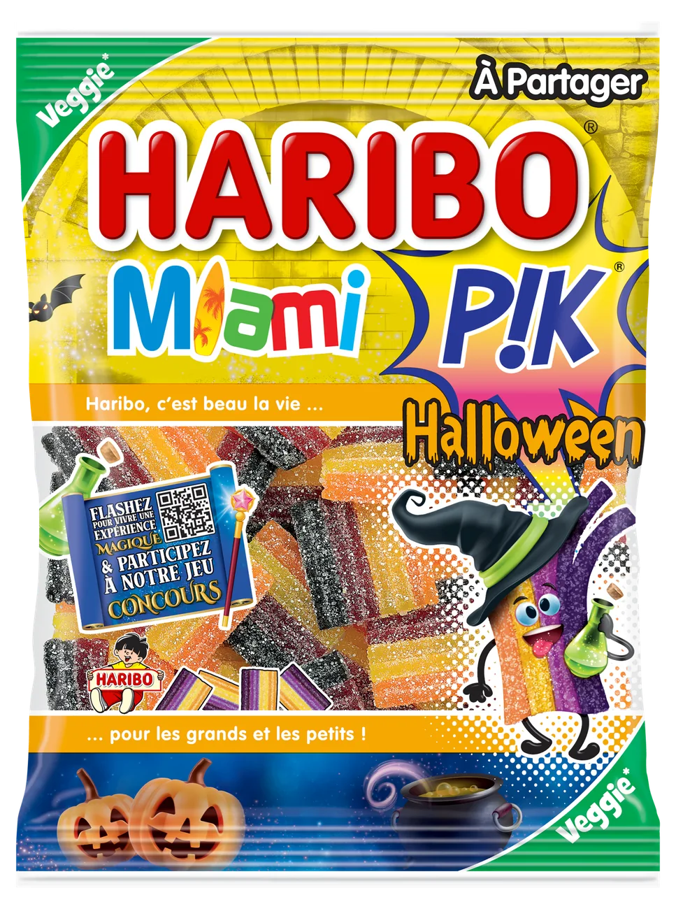 Bonbons HARIBO Miami P!K Halloween 2026 en édition limitée aux couleurs orange, jaune et noir