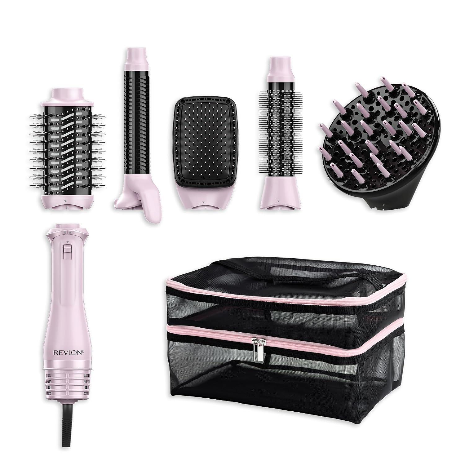 Revlon One-Step 5-en-1 Pink Titanium avec ses cinq accessoires et sa pochette