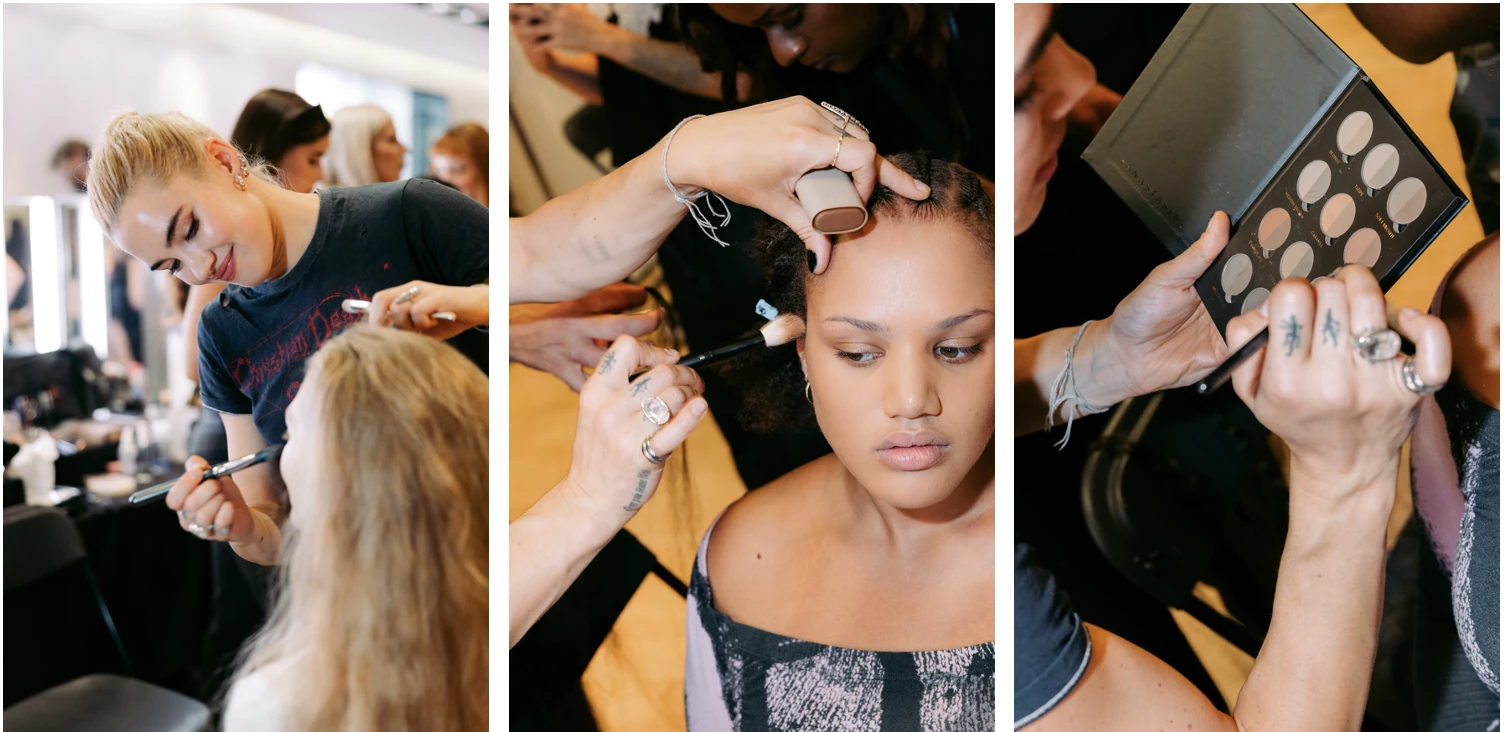 Préparation du teint et maquillage des yeux en backstage du défilé Ottolinger