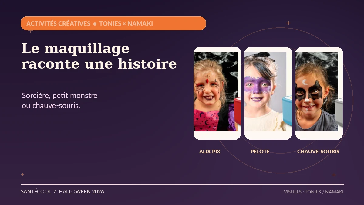 Maquillages d’Halloween tonies et Namaki pour les enfants : sorcière, monstre et chauve-souris